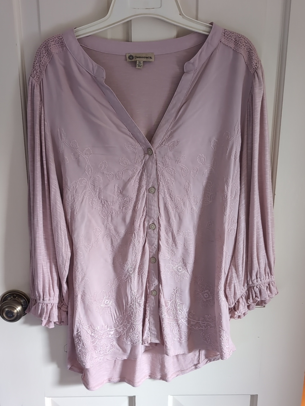 Democracy Lavender Embroidered Button-Down Blouse